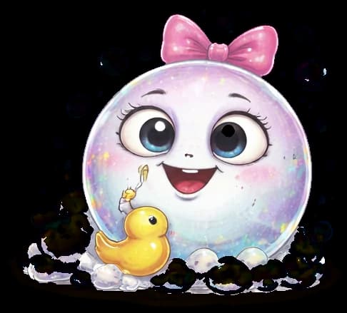 Bubbles, a shiny soap bubble with a pink bow and a rubber duck