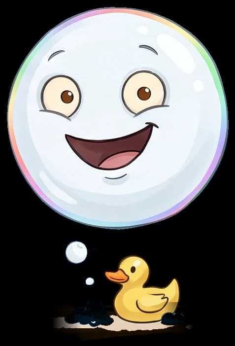 Burbuja, una pompa de jabón sonriente que flota sobre un patito de goma