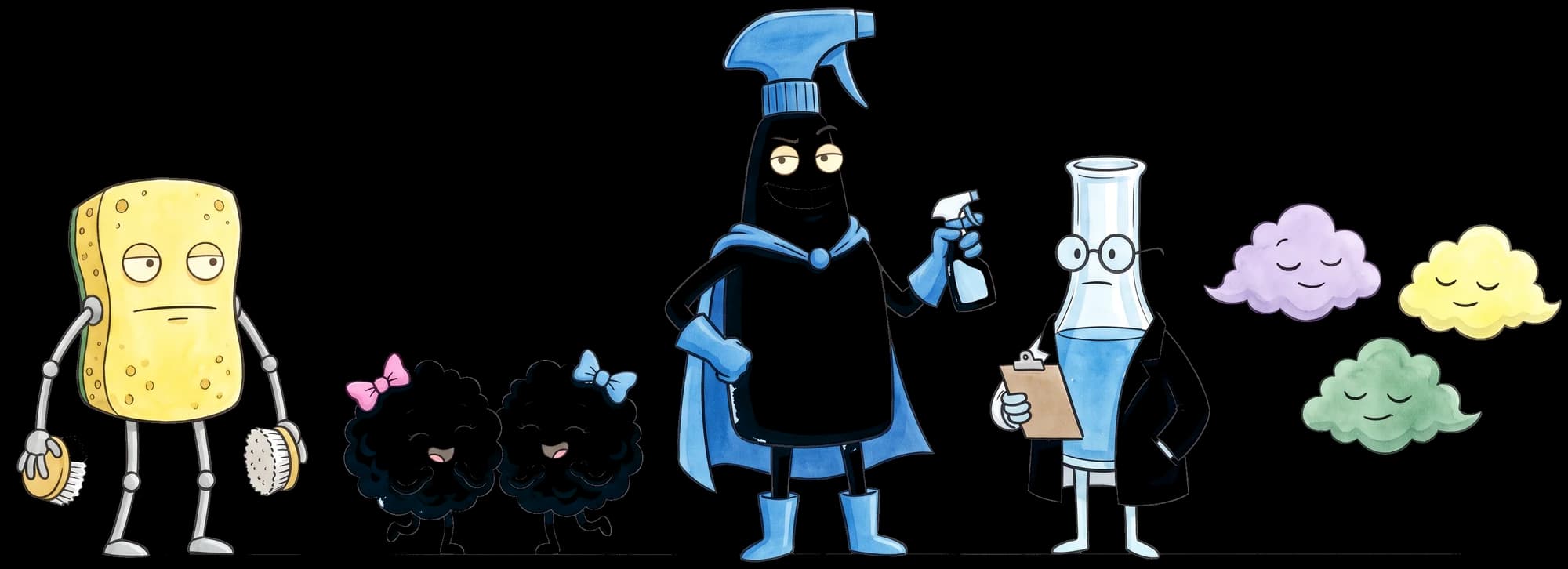 El Equipo Limpio en fila: un robot esponja con dos cepillos, dos bolitas de espuma risueñas con moños, una botella de spray presumida con capa azul, un vaso de laboratorio con bata y tres nubes perfumadas medio dormidas
