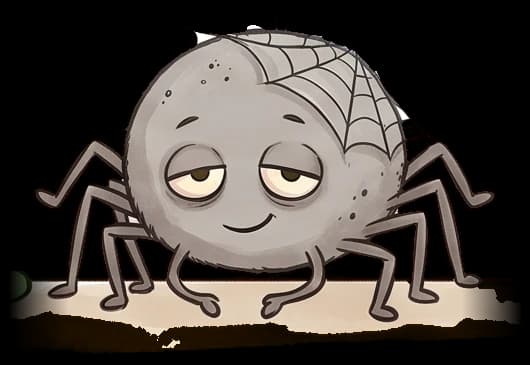 Tito Telaraña, una arañita gris con una telaraña en la espalda y una sonrisa dormilona