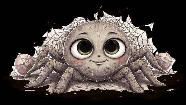 Cobweb Cody, a small gray spider draped in cobwebs