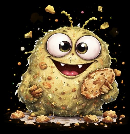 Crumbly Carl, a round green creature covered in crumbs and holding a cookie