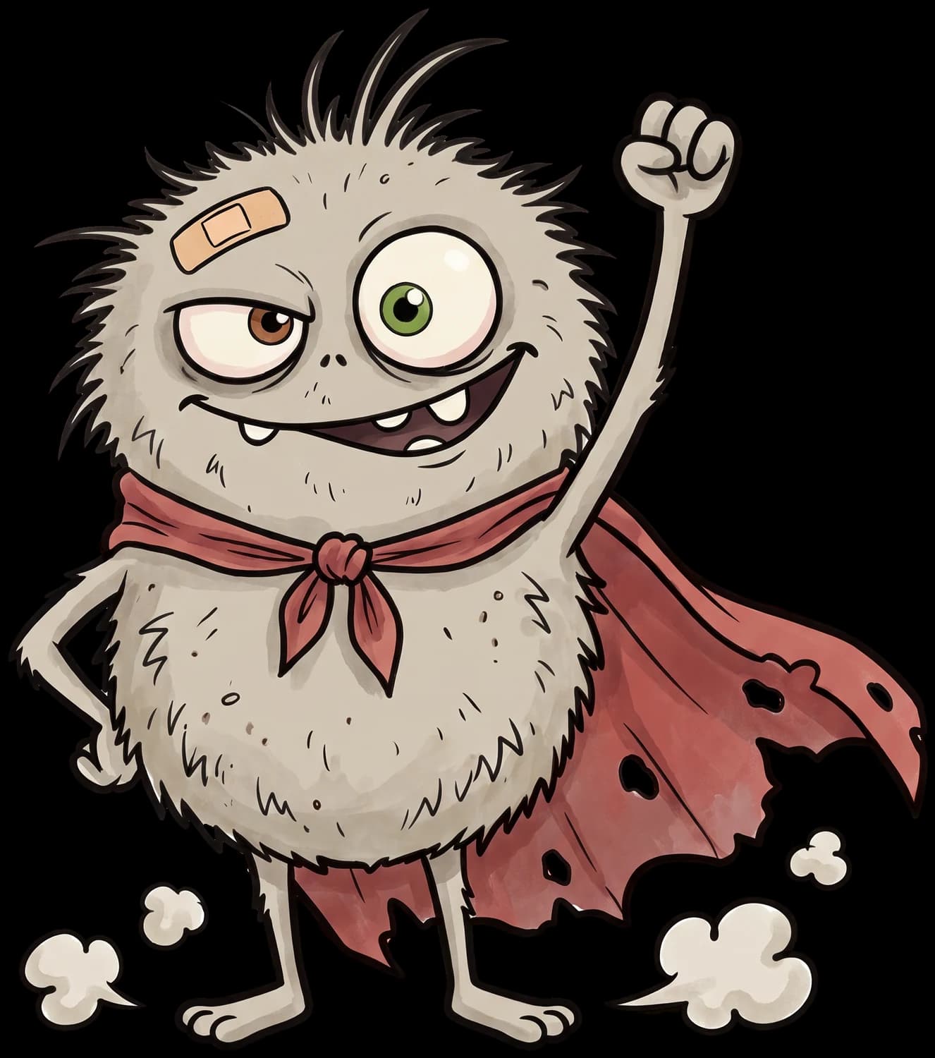 Dust Mite, a round scruffy creature in a tattered red cape, standing with one fist in the air