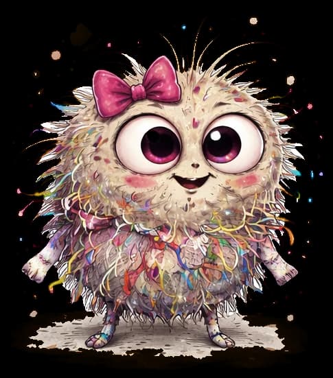 Linty Lou, a fuzzy ball of colorful lint with big eyes and a pink bow
