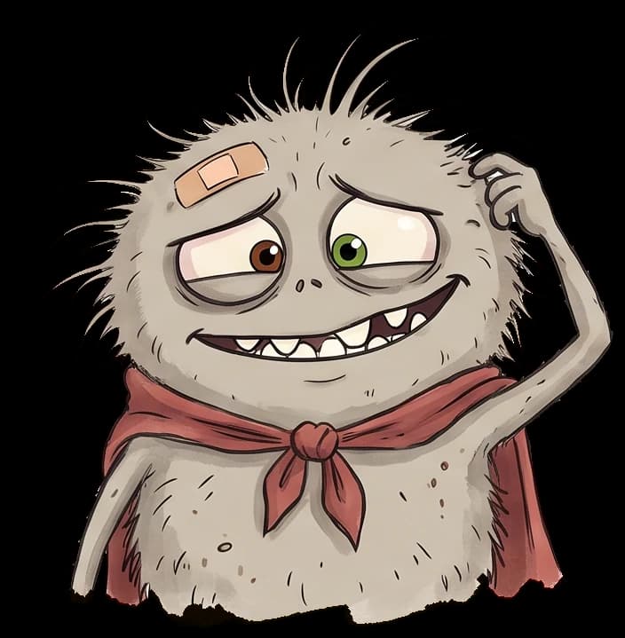 Dust Mite smiling nervously and scratching his head
