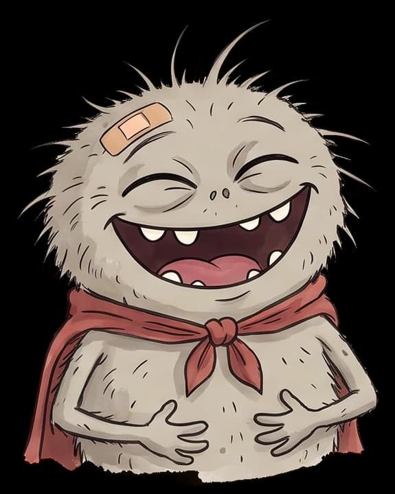 Dust Mite laughing and holding his belly