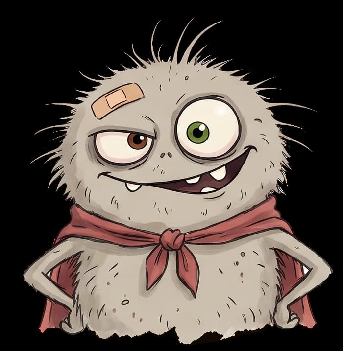Dust Mite grinning with his hands on his hips