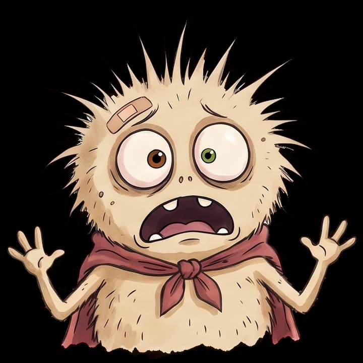 Dust Mite con los ojos muy abiertos, las manos en alto y el pelo de punta