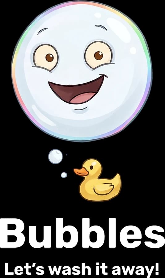 La camiseta de Burbuja: la pompa de jabón con su patito de goma, su nombre en inglés, Bubbles, y la frase “Let’s wash it away!”