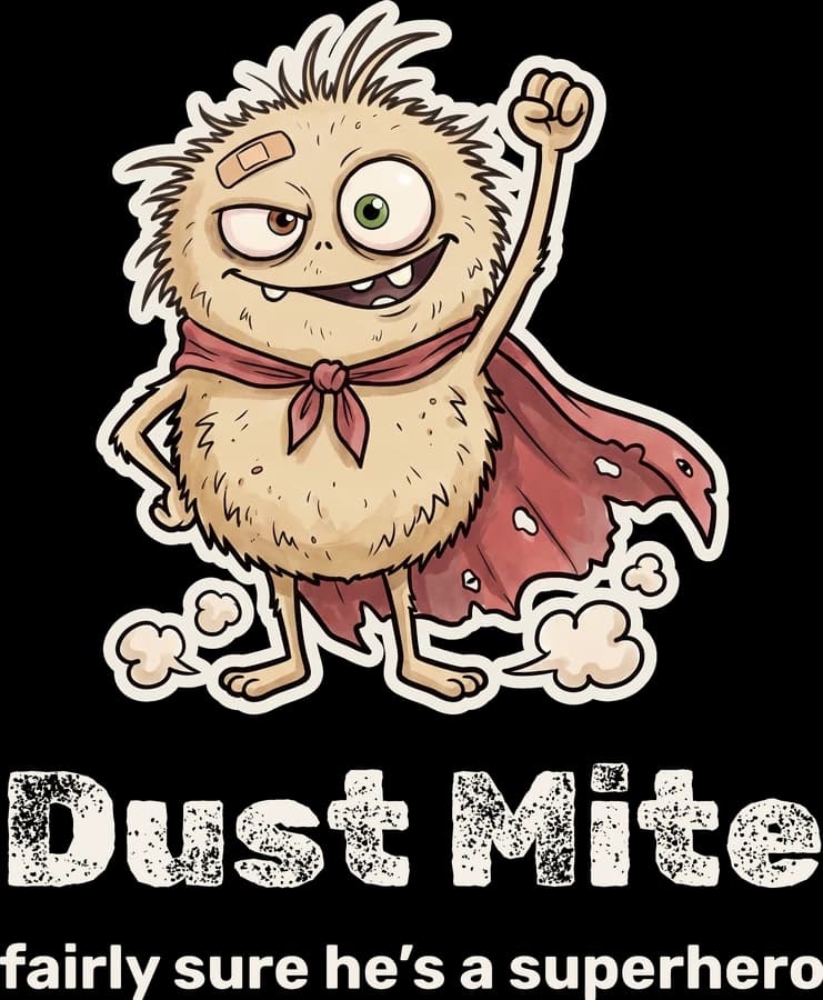 La camiseta de Dust Mite: Dust Mite con un puño en alto, su nombre en letras polvorientas y la frase en inglés “fairly sure he’s a superhero”