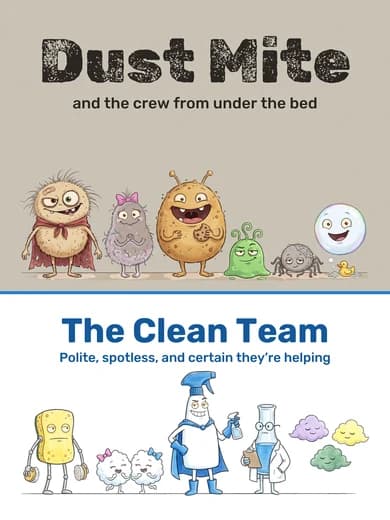 El póster: Dust Mite y su pandilla arriba, el Equipo Limpio abajo
