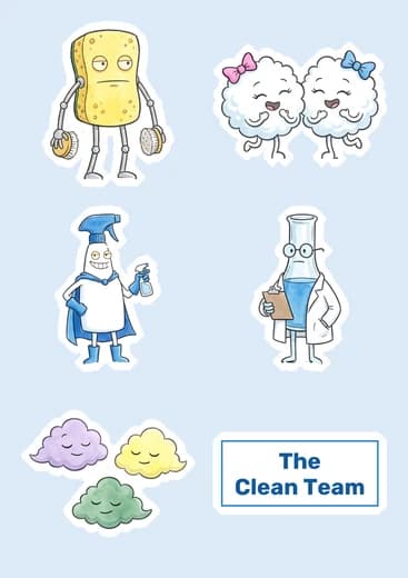 La hoja de stickers del Equipo Limpio: sus cinco integrantes y una placa con su nombre