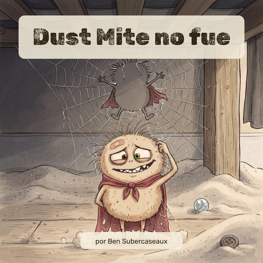Portada de Dust Mite no fue: Dust Mite con su capa roja, rascándose la cabeza con una sonrisa culpable, bajo una telaraña con un agujero de su forma exacta